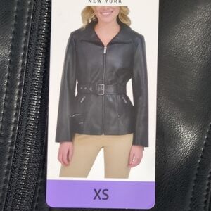 Kenneth Cole Women's Black Faux Leather Belted Jacket Zipper Accents NWT XS